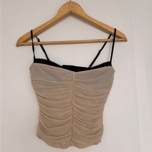 White fox Beige Ruched Mesh Cami Top with Contrast Trim